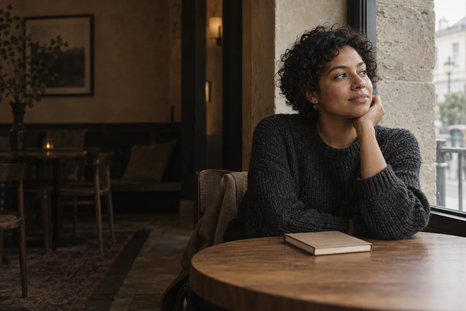 A fictional young professional pausing beside a cafe window